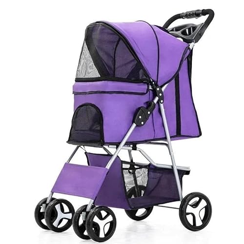 TRgqify-KM Tragbarer zusammenklappbarer Haustier-Kinderwagen for Katzen und Hunde mit vier Rädern, Haustier-Ausflugskinderwagen mit Dachfenster (Color : Purple) von TRgqify-KM