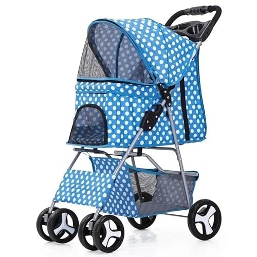 TRgqify-KM Tragbarer zusammenklappbarer Haustier-Kinderwagen for Katzen und Hunde mit vier Rädern, Haustier-Ausflugskinderwagen mit Dachfenster (Color : Blue Spot) von TRgqify-KM