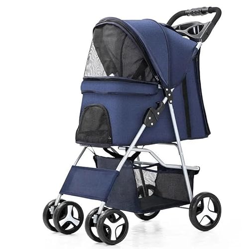 TRgqify-KM Tragbarer zusammenklappbarer Haustier-Kinderwagen for Katzen und Hunde mit vier Rädern, Haustier-Ausflugskinderwagen mit Dachfenster (Color : Dark Blue) von TRgqify-KM