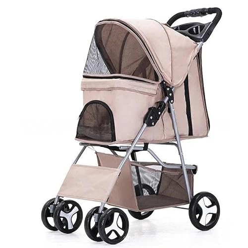 TRgqify-KM Tragbarer zusammenklappbarer Haustier-Kinderwagen for Katzen und Hunde mit vier Rädern, Haustier-Ausflugskinderwagen mit Dachfenster (Color : Khaki) von TRgqify-KM