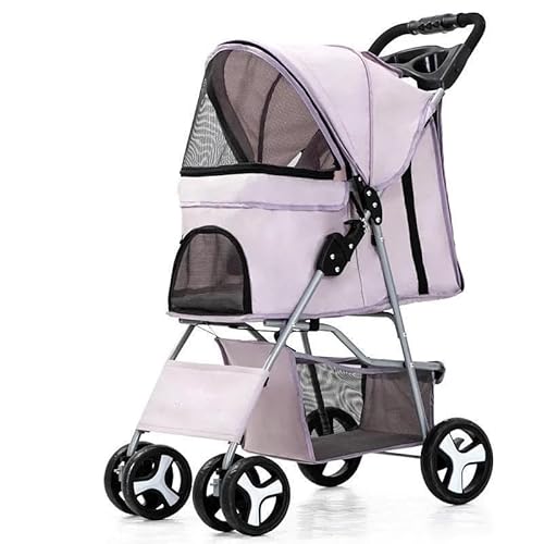 TRgqify-KM Tragbarer zusammenklappbarer Haustier-Kinderwagen for Katzen und Hunde mit vier Rädern, Haustier-Ausflugskinderwagen mit Dachfenster (Color : Light Purple) von TRgqify-KM