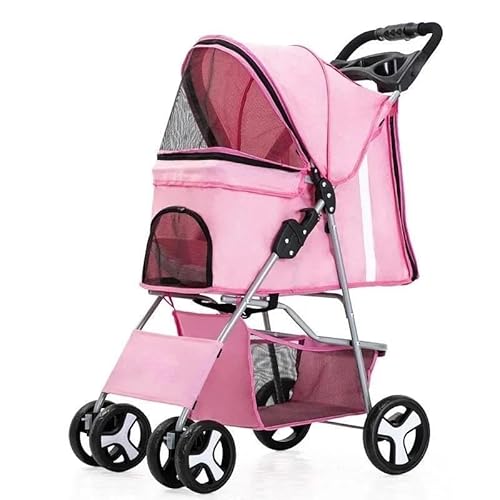 TRgqify-KM Tragbarer zusammenklappbarer Haustier-Kinderwagen for Katzen und Hunde mit vier Rädern, Haustier-Ausflugskinderwagen mit Dachfenster (Color : Pink) von TRgqify-KM