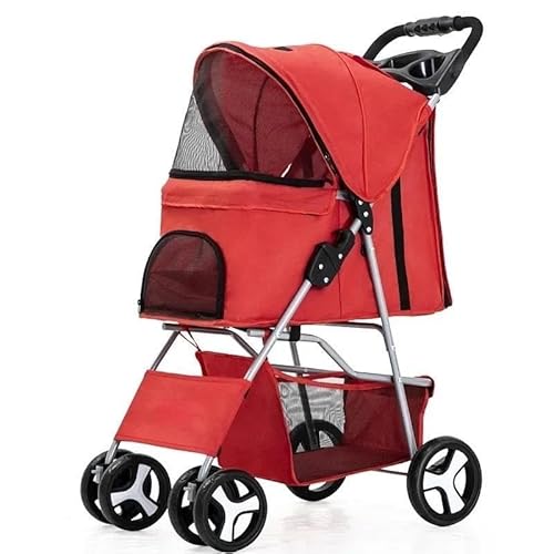 TRgqify-KM Tragbarer zusammenklappbarer Haustier-Kinderwagen for Katzen und Hunde mit vier Rädern, Haustier-Ausflugskinderwagen mit Dachfenster (Color : Red) von TRgqify-KM