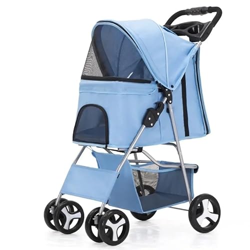 TRgqify-KM Tragbarer zusammenklappbarer Haustier-Kinderwagen for Katzen und Hunde mit vier Rädern, Haustier-Ausflugskinderwagen mit Dachfenster (Color : Sky Blue) von TRgqify-KM