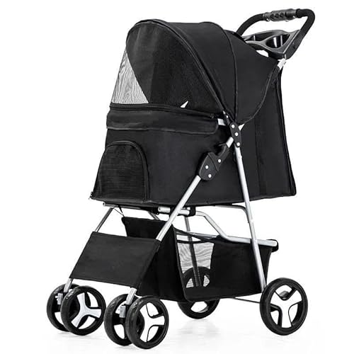 TRgqify-KM Tragbarer zusammenklappbarer Haustier-Kinderwagen for Katzen und Hunde mit vier Rädern, Haustier-Ausflugskinderwagen mit Dachfenster (Color : Black) von TRgqify-KM