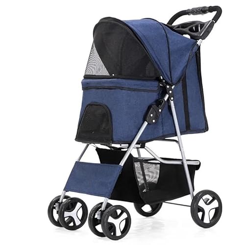 TRgqify-KM Tragbarer zusammenklappbarer Haustier-Kinderwagen for Katzen und Hunde mit vier Rädern, Haustier-Ausflugskinderwagen mit Dachfenster (Color : Dark Blue-01) von TRgqify-KM