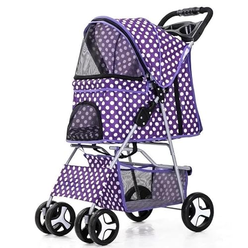 TRgqify-KM Tragbarer zusammenklappbarer Haustier-Kinderwagen for Katzen und Hunde mit vier Rädern, Haustier-Ausflugskinderwagen mit Dachfenster (Color : Purple Spot) von TRgqify-KM