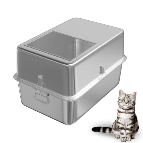 TSAYAWA Katzentoilette aus Edelstahl mit Deckel – XL, extra groß, aus Metall, hohe Seiten, geschlossene Boxen für Kitty, Hase, mehrere Katzen, leicht zu reinigen, kein klebriges Gehäuse von TSAYAWA