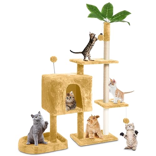 TSCOMON 132,1 cm Katzenbaum Katzenturm für Indoor-Katzen mit grünen Blättern, mehrstufige gemütliche Plüsch-Katzenhaus Katzenhaus Katzenkratzbäume für Indoor-Katzen mit Hängeball, Heimpflanzen-Stil, von TSCOMON