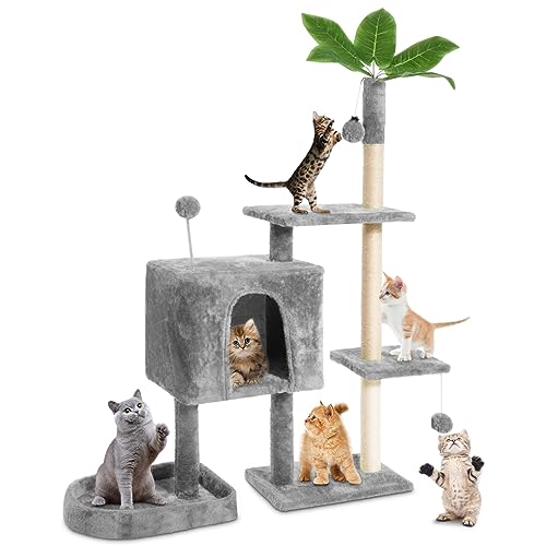 TSCOMON 132,1 cm Katzenbaum Katzenturm für Indoor-Katzen mit grünen Blättern, mehrstufige gemütliche Plüsch-Katzenhaus Katzenhaus Katzenkratzbäume für Indoor-Katzen mit Hängeball, Heimpflanzen-Stil, von TSCOMON