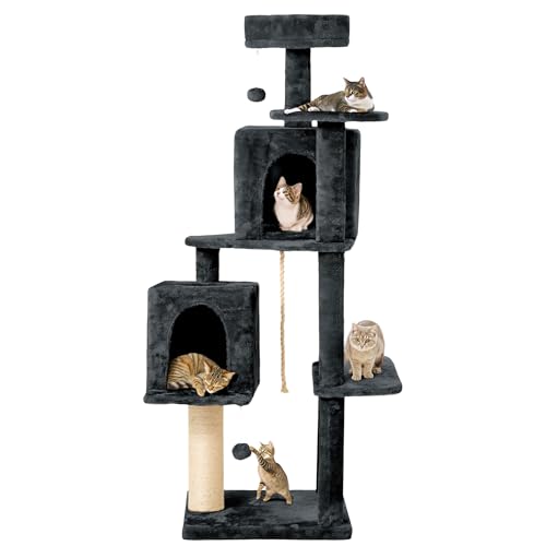 TSCOMON 147,3 cm großer Katzenbaum Turm für Indoor-Katzen mit 2 Höhlen, Kratzbaum, Multi Soft Hang Ball Plüsch Katzenhaus Katzenmöbel mit Sitzstange oben, Dunkelgrau von TSCOMON