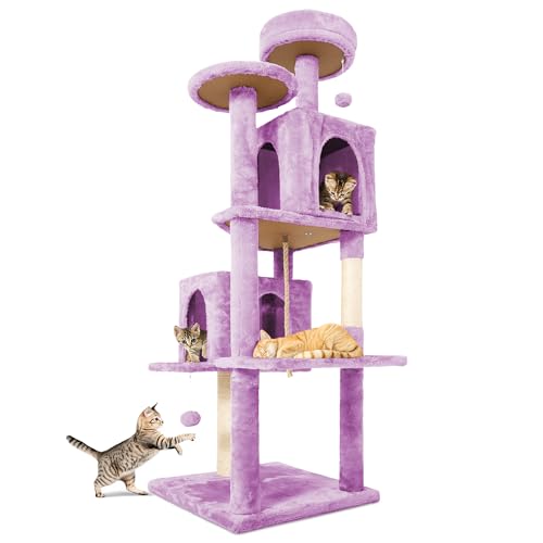 TSCOMON 148,6 cm großer Katzenbaum Tower Condo für Indoor-Katzen, weicher Plüsch, mehrstöckig, Kletterbaum, Katzenhaus mit 1 360° drehbaren Höhle, Kratzbaum, mehr Eingang/Ausgang, Sisalseil, Violett von TSCOMON