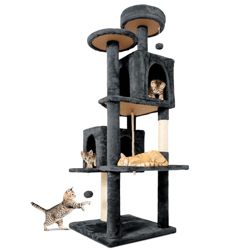 TSCOMON 148,6 cm großer Katzenbaum Turm Condo für Indoor-Katzen, weicher Plüsch mehrstöckiger Kletterbaum Katzenhaus mit 1 360° drehbaren Katzenhöhle, Kratzbaum, mehr Eingang/Ausgang, Sisalseil, Grau von TSCOMON