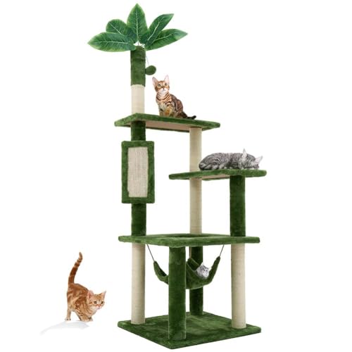 TSCOMON 154,9 cm großer Katzenbaum Turm für Indoor-Katzen mit DIY grünen Blättern Kratzbaum Multi Soft Hang Ball Plüsch Katzenhaus Möbel 360° drehbares Katzenkratzbrett mit Hängematte New Green von TSCOMON