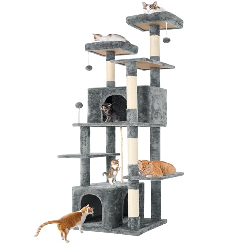 TSCOMON 69 Zoll großer Katzenbaum Turm für Indoor-Katzen, Katzenhaus Condo mit weichem Hängeball, Katzenkratzbaum, langes Sisalseil, obere Sitzstange, Grau von TSCOMON