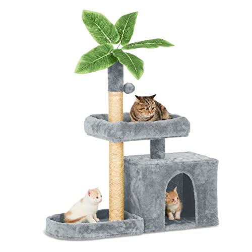 TSCOMON 80 cm Katzenbaum Katzenturm für Indoor-Katzen mit grünen Blättern, Katzenwohnung, Katzenmöbel Haustierhaus mit Kratzstämmen, Grau von TSCOMON