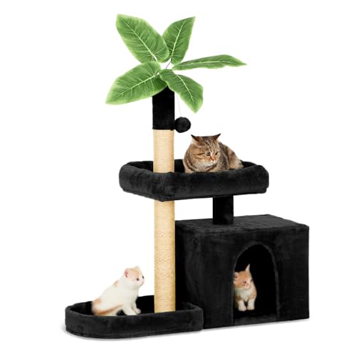 TSCOMON 80.0 cm Katzenbaum Katzenturm für Indoor-Katzen mit grünen Blättern, Katzenhütte gemütliches Plüsch-Katzenhaus mit hängendem Ball und Blattform-Design, Katzenmöbel Haustierhaus mit von TSCOMON