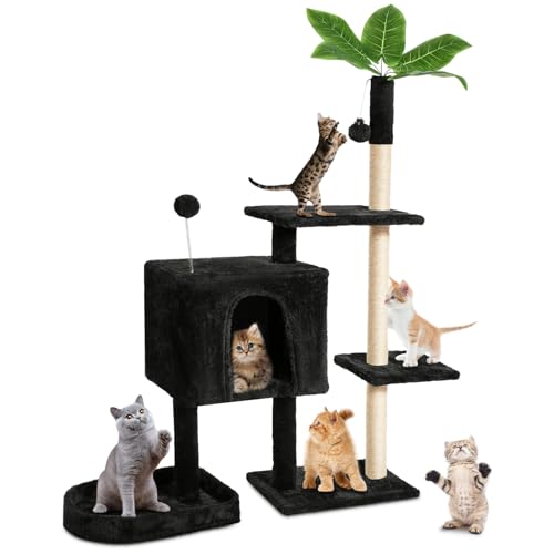 TSCOMON Kratzbaum für Indoor-Katzen mit grünen Blättern, mehrstöckig, gemütlich, Plüsch-Katzenhaus-Kratzbäume für Indoor-Katzen mit hängendem Ball, Haustierhaus, 132,1 cm, Schwarz von TSCOMON