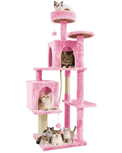 TSCOMON Kratzbaum mit hängendem Spielzeug, Katzenmöbel für Kätzchen, Haustiere, 147,7 cm, für Innenkatzen, hohe Katzenhütten, Kratzbaum, Rosa von TSCOMON