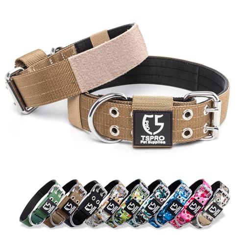 TSPRO 3,8 cm Breit Taktisches Hundehalsband, Verstellbares Robustes Hunde Halsband mit Metallschnalle und 3 Flicken, Militärisch Starkes Breites Hundehalsband für Mittlere Hunde (Khaki-M) von TSPRO