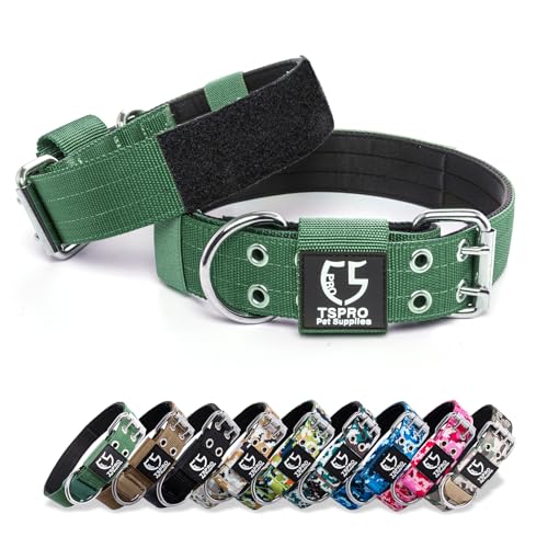 TSPRO 3,8 cm Breit Taktisches Hundehalsband, Verstellbares Robustes Hunde Halsband mit Metallschnalle und 3 Flicken, Militärisch Starkes Breites Hundehalsband für Mittlere Hunde Grün (Green-M) von TSPRO