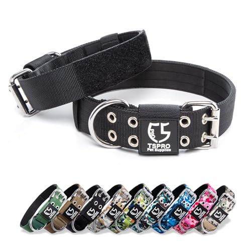 TSPRO 3,8 cm Breit Taktisches Hundehalsband, Verstellbares Robustes Hunde Halsband mit Metallschnalle und 3 Flicken, Militärisch Starkes Breites Hundehalsband für Mittlere Hunde Schwarz (Black-M) von TSPRO