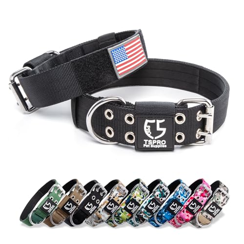 TSPRO 3,8 cm Breit Taktisches Hundehalsband, Verstellbares Robustes Hunde Halsband mit Metallschnalle und 3 Flicken, Militärisch Starkes Breites Hundehalsband für Mittlere Hunde Schwarz (Black-M) von TSPRO