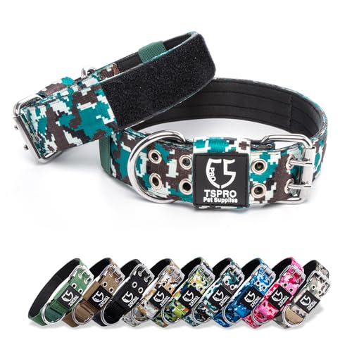 TSPRO Taktisches Hundehalsband Verstellbares Halsband Hund mit Metallschnalle und 3 Flicken, Robustes Halsband Hund Breit Fit 54-64 cm Hals für Große zu Extra Große Hunde (Camo Cyan -L) von TSPRO