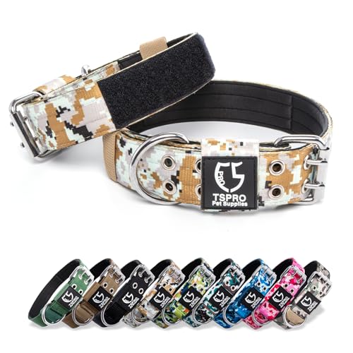 TSPRO Taktisches Hundehalsband Halsband Hund mit Metallschnalle und Flicken, Verstellbares Klassische Hundehalsbänder für Große Hunde, Extra Große Hunde (Camo Khaki -L-XL) von TSPRO