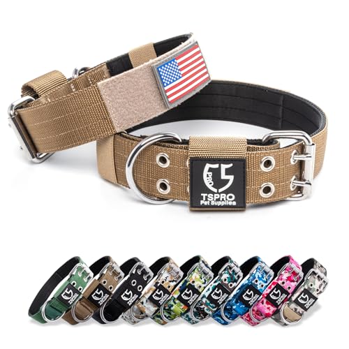 TSPRO Taktisches Hundehalsband Verstellbares Halsband Hund mit Metallschnalle und 3 Flicken, Robustes Halsband Hund Breit Fit 54-64 cm Hals für Große zu Extra Große Hunde (Khaki -L) von TSPRO