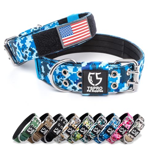 TSPRO 3,8 cm Breit Taktisches Hundehalsband, Verstellbares Robustes Hunde Halsband mit Metallschnalle und 3 Flicken, Militärisch Starkes für Große, Extra Große Hunde Camo Blau (Camo Blue-L) von TSPRO