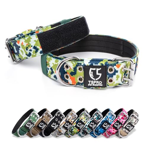 TSPRO 3,8 cm Breit Taktisches Hundehalsband, Verstellbares Robustes Hunde Halsband mit Metallschnalle und 3 Flicken, Militärisch Starkes für Große, Extra Große Hunde Camo Grün (Camo Green-L) von TSPRO