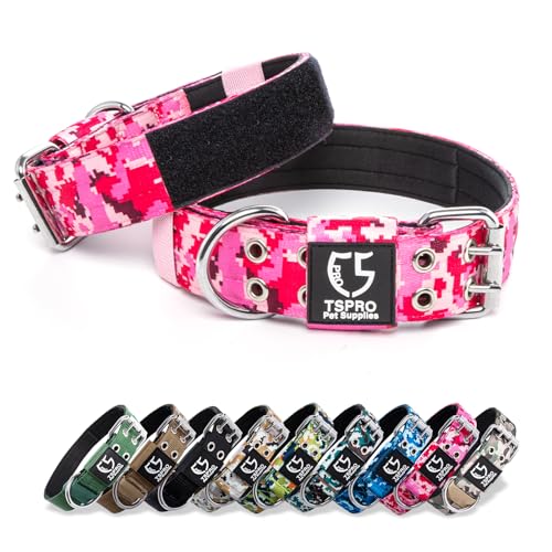 TSPRO 3,8 cm Breit Taktisches Hundehalsband, Verstellbares Robustes Hunde Halsband mit Metallschnalle und 3 Flicken, Militärisch Starkes für Große, Extra Große Hunde Camo Rosa (Camo Pink-L) von TSPRO