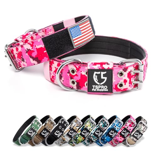 TSPRO 3,8 cm Breit Taktisches Hundehalsband, Verstellbares Robustes Hunde Halsband mit Metallschnalle und 3 Flicken, Militärisch Starkes für Große, Extra Große Hunde Camo Rosa (Camo Pink-L) von TSPRO