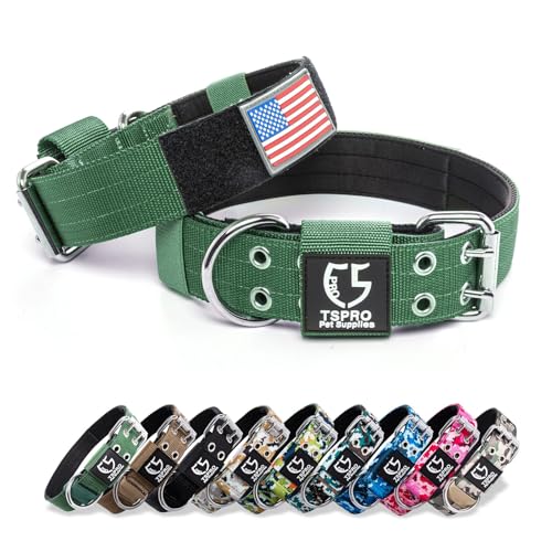 TSPRO 3,8 cm Breit Taktisches Hundehalsband, Verstellbares Robustes Hunde Halsband mit Metallschnalle und 3 Flicken, Militärisch Starkes für Große, Extra Große Hunde Grün (Green-L) von TSPRO