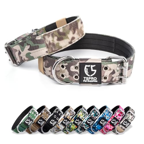 TSPRO Taktisches Hundehalsband Verstellbares Halsband Hund mit Metallschnalle und 3 Flicken, Robustes Halsband Hund Breit Fit 54-64 cm Hals für Große zu Extra Große Hunde (Militärgrün -L) von TSPRO