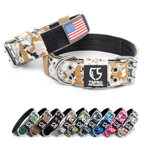 TSPRO 3,8 cm Breit Taktisches Hundehalsband, Verstellbares Robustes Hunde Halsband mit Metallschnalle und 3 Flicken, Militärisch Starkes für Mittlere Hunde (Camo Khaki-M) von TSPRO