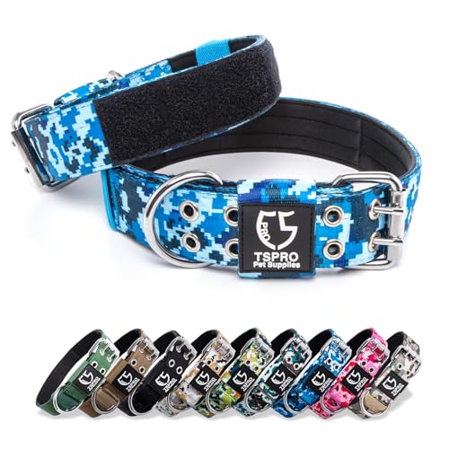 TSPRO Taktisches Hundehalsband Verstellbares Halsband Hund mit Metallschnalle und 3 Flicken, Robustes Halsband Hund Breit Fit 45-55 cm Hund Hals, für Mittlere Hunde (Camo Blau -M) von TSPRO