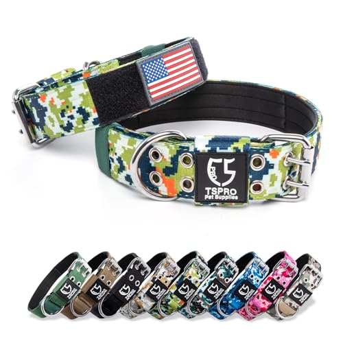 TSPRO 3,8 cm Breit Taktisches Hundehalsband, Verstellbares Robustes Hunde Halsband mit Metallschnalle und 3 Flicken, Militärisch Starkes für Mittlere Hunde Camo Grün (Camo Green-M) von TSPRO