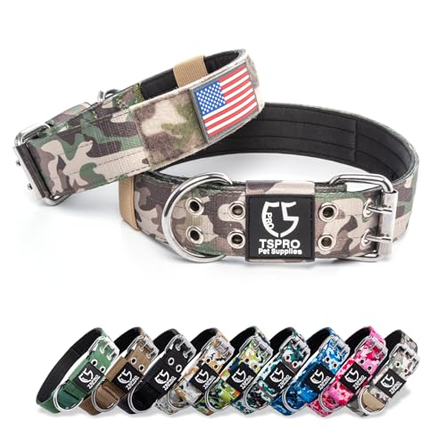 TSPRO 3,8 cm Breit Taktisches Hundehalsband, Verstellbares Robustes Hunde Halsband mit Metallschnalle und 3 Flicken, Militärisch Starkes für Mittlere Hunde Militärgrün (Military Green-M) von TSPRO