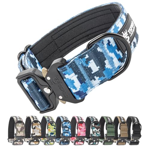 TSPRO Premium Camo Hunde Halsband mit leuchtendem Patch Dickes Halsband für Hunde, Verstellbar, mit robustem Schnellverschluss Metallschnalle Geeignet für kleine, mittlere, große Hunde (Camo Blau-L) von TSPRO