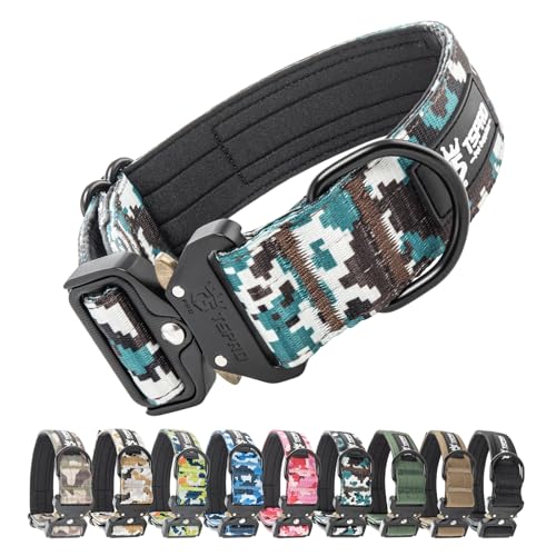 TSPRO Premium Hundehalsband mit Patch Dickes Verstellbares Taktisches Hundehalsband Schwere Ausführung Schnellverschluss Metallschnalle für Mittelgroße bis Große Hunde (Camo Cyan M) von TSPRO