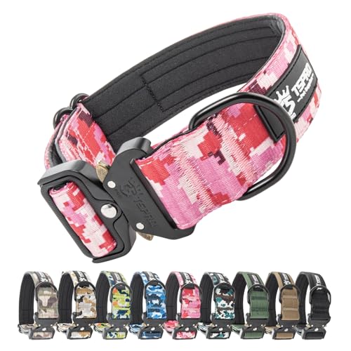 TSPRO Premium Hundehalsband mit Patch Dickes Verstellbares Taktisches Hundehalsband Schwere Ausführung Schnellverschluss Metallschnalle für Mittelgroße bis Große Hunde (Camo Rosa L) von TSPRO