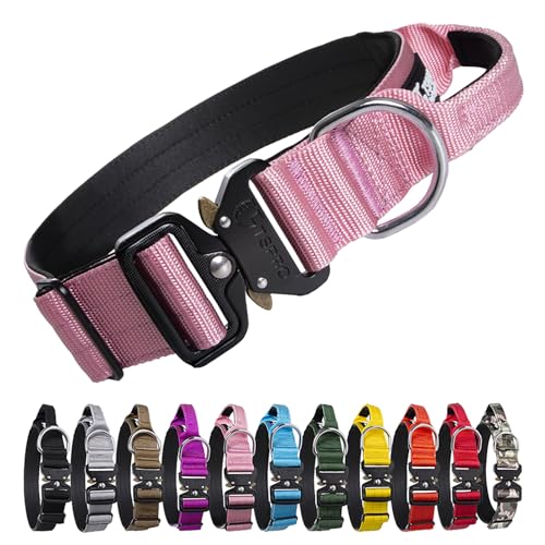 TSPRO Premium Hundehalsband mit Griff Dickes Verstellbares Taktisches Hundehalsband Schwere Ausführung Schnellverschluss Metallschnalle für Mittelgroße bis Große Hunde (Rosa L) von TSPRO