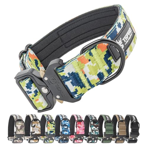 TSPRO Premium Hundehalsband mit Patch Dickes Verstellbares Taktisches Hundehalsband Schwere Ausführung Schnellverschluss Metallschnalle für Mittelgroße bis Große Hunde (Camo Grün M) von TSPRO