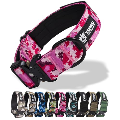 TSPRO Premium Hundehalsband mit Patch Dickes Verstellbares Taktisches Hundehalsband Schwere Ausführung Schnellverschluss Metallschnalle für Mittelgroße bis Große Hunde (Camo Rosa M) von TSPRO