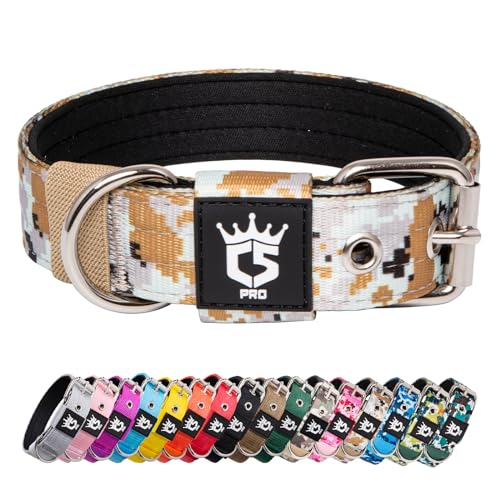 TSPRO Taktisches Hundehalsband, Robustes Halsband für Hunde mit Metallschnallenverschluss, 3,3 cm Breit, Verstellbar und Dick für Kleine Hunde (Camo Khaki S) von TSPRO