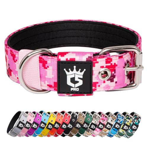 TSPRO Taktisches Hundehalsband 3,3 cm breit Hundehalsband Militärstandard Starkes Hundehalsband Dickes Hundehalsband Hundehalsband mit Stabiler Metallschnalle (Camo Pink-S) von TSPRO