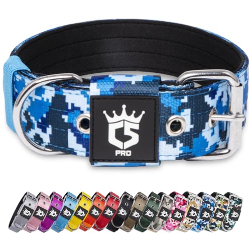 TSPRO Taktisches Hundehalsband, Robustes Halsband für Hunde mit Metallschnallenverschluss, 3,8 cm Breit, Verstellbar und Dick für Mittel bis Großgroße Hunde (Camo Blau M) von TSPRO