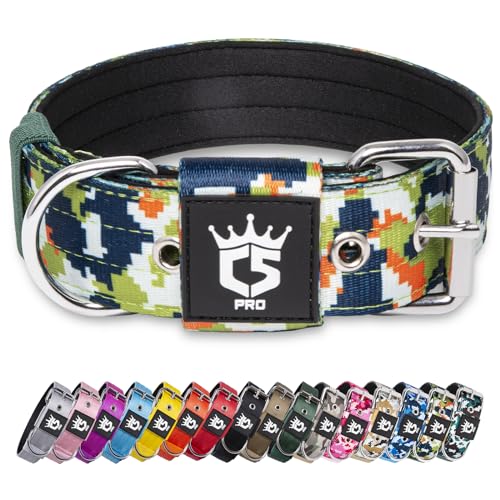 TSPRO Taktisches Hundehalsband, Robustes Halsband für Hunde mit Metallschnallenverschluss, 3,8 cm Breit, Verstellbar und Dick für Mittel bis Großgroße Hunde (Camo Grün L) von TSPRO